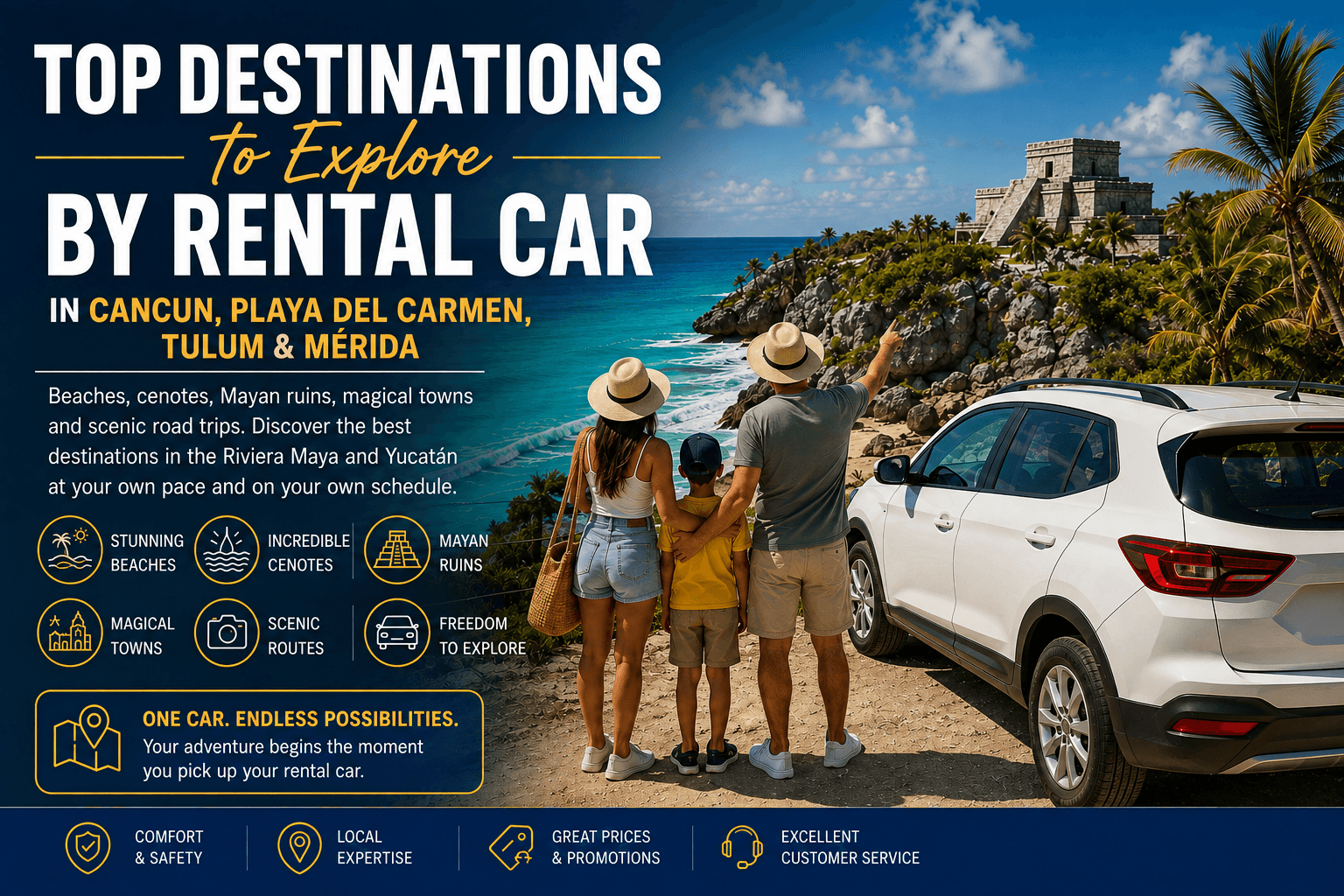 Explore the Best Destinations by Car in Cancun, Playa del Carmen, Tulum & Mérida