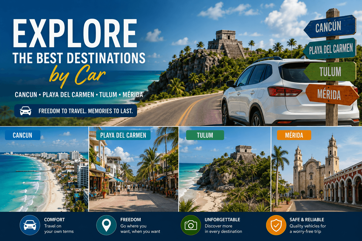 Discover the Best Destinations by Car in Cancun, Playa del Carmen, Tulum & Mérida